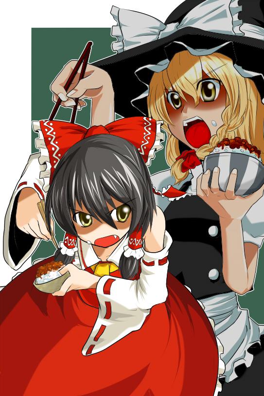 angry, black_hair, blonde_hair, bow, brown_eyes, brown_hair, chopsticks, detached_sleeves