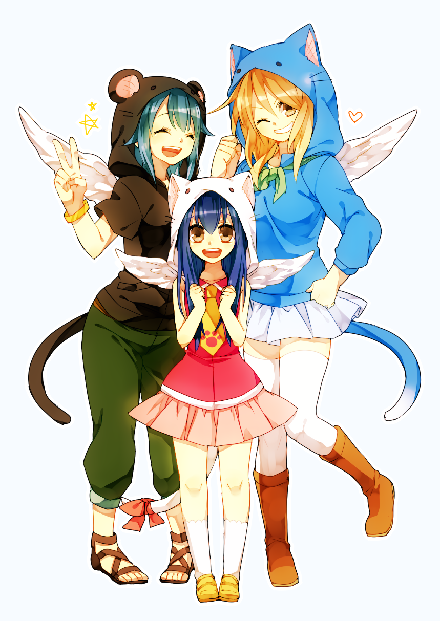 3girls, blonde_hair, blue_hair, boots, brown_eyes, closed_eyes, cross-laced_sandals, fairy_tail, grin, heart, highres, hoodie, levy_mcgarden, long_hair, lucy_heartfilia, multiple_girls, one_eye_closed, pants, simple_background, skirt, smile, star, thigh-highs, v, wendy_marvell, wings, yuita_ro, zettai_ryouiki
