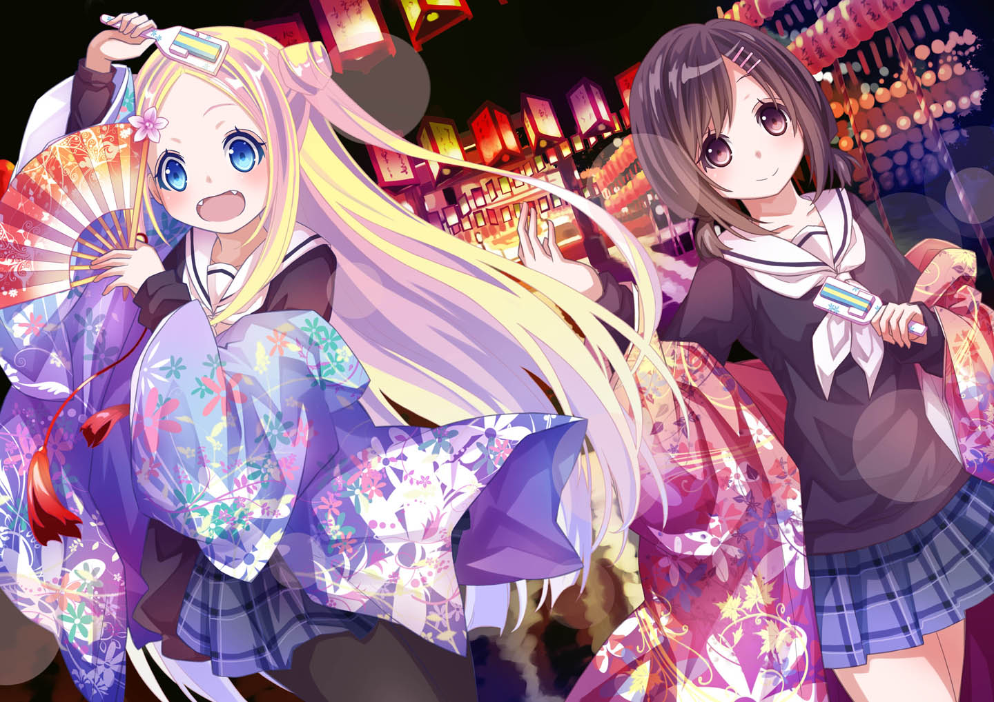 2girls, 54hao, :d, blonde_hair, blue_eyes, blush, brown_eyes, brown_hair