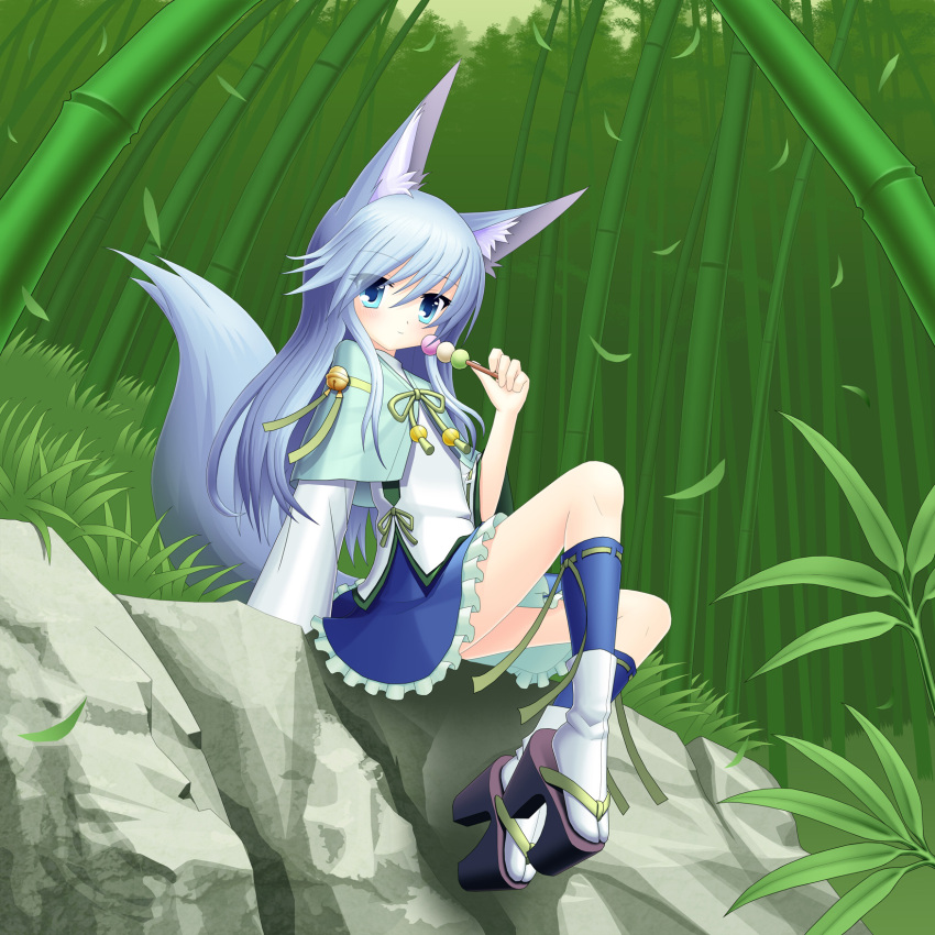 1girl, animal_ears, bamboo, bamboo_forest, blue_eyes, blue_hair, capelet, dango