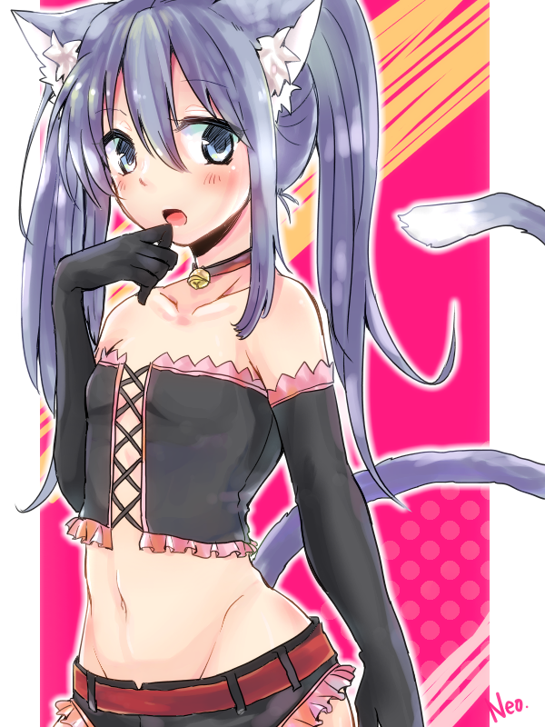 1girl, animal_ears, bare_shoulders, bell, bell_collar, blue_eyes, blue_hair, blush