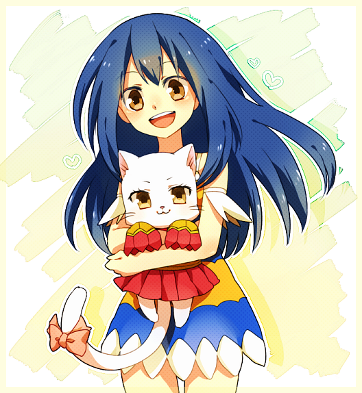 1girl, blue_hair, brown_eyes, cat, charle_(fairy_tail), dress, fairy_tail, heart, long_hair, open_mouth, ribbon, tail, tail_ribbon, wendy_marvell, yuita_ro