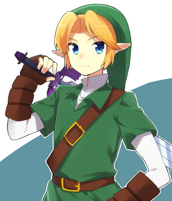 1boy, belt, blonde_hair, blue_eyes, hat, link, male, ocarina_of_time