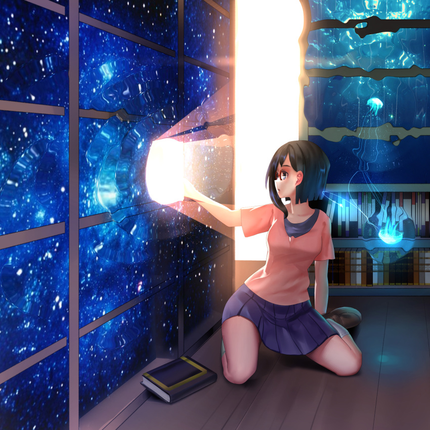 1girl, black_hair, book, glasses, glasslip, highres, jellyfish, lamase_(41)