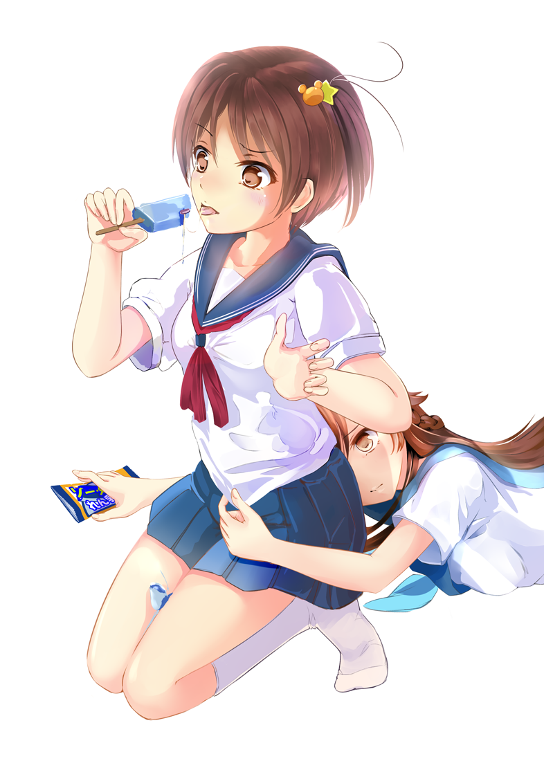 2girls, brown_eyes, brown_hair, eating, food, fukami_hina, fukami_touko, glasslip