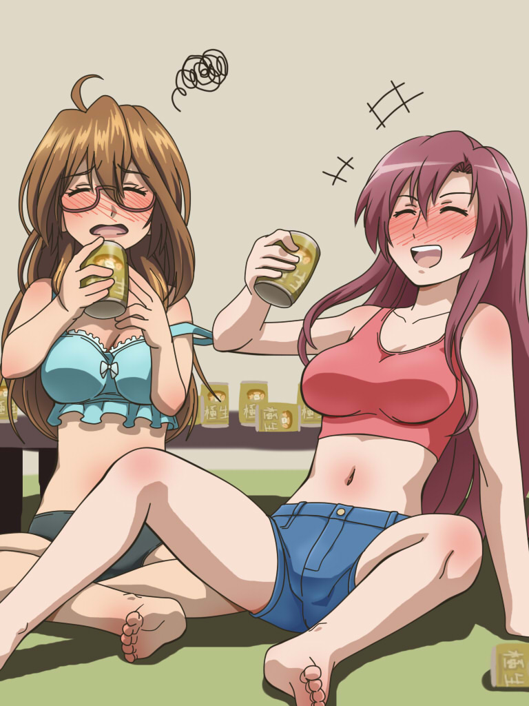 2girls, ahoge, awa, barefoot, beer_can, blush, bokura_wa_minna_kawaisou, breasts