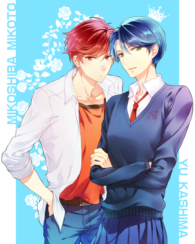 1boy, 1girl, crown, flower, gekkan_shoujo_nozaki-kun, green_eyes, hands_in_pockets, kashima_yuu