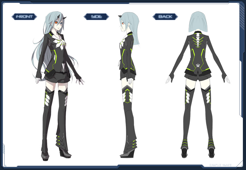 blue_eyes, concept_art, edel_serin, heterochromia, horns, lavender_hair, long_hair, phantasy_star, phantasy_star_online_2, red_eyes, shorts, simple_background