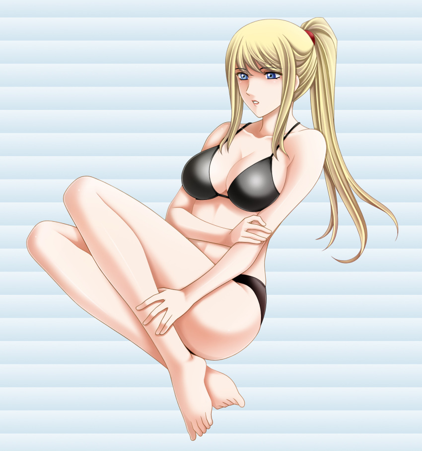 1girl, bare_shoulders, barefoot, bikini, black_bikini, blonde_hair, blue_eyes, breasts