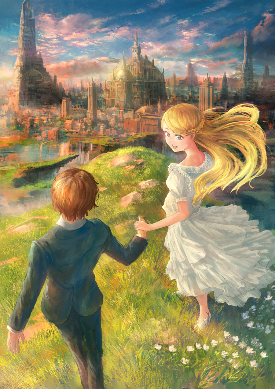 1boy, 1girl, :d, airship, blonde_hair, blue_eyes, blue_jacket, blue_pants