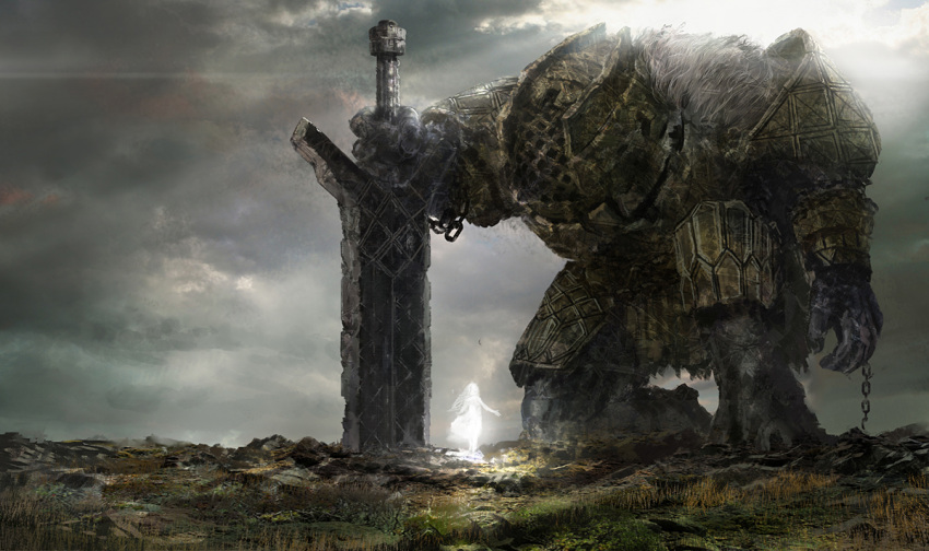 1girl, bowing, chain, clouds, cloudy_sky, fantasy, giant, golem