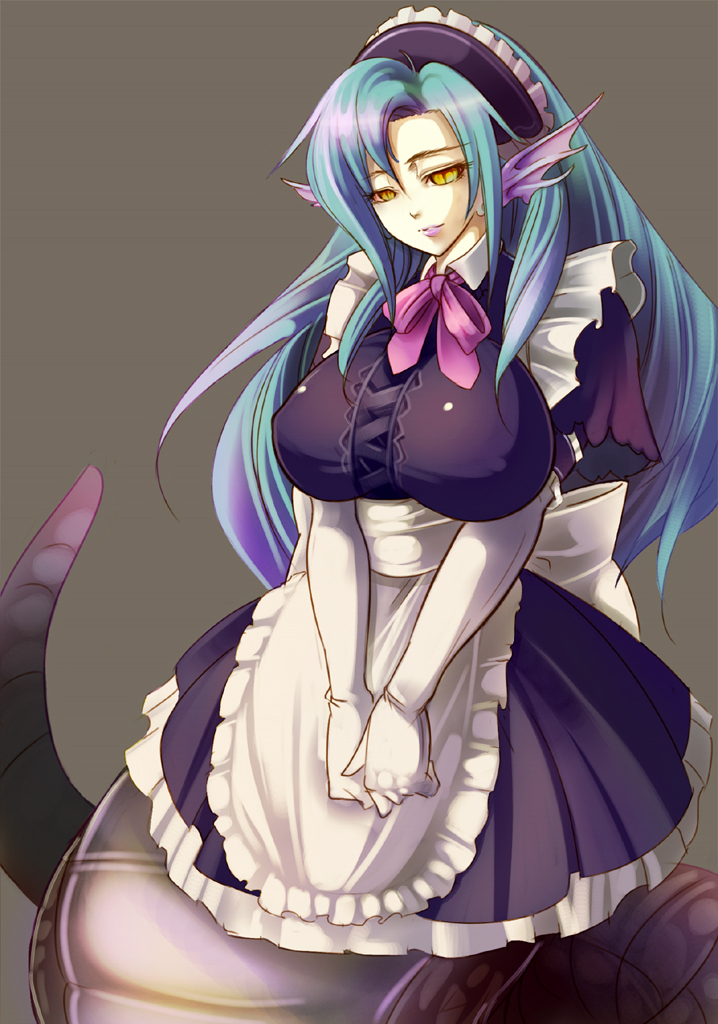 1girl, apron, blue_hair, breasts, gloves, lamia, large_breasts, long_hair, maid, maid_apron, maid_headdress, monster_girl, taka_(sanoujo358), yellow_eyes