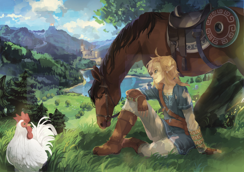 bird, blonde_hair, blue_eyes, chicken, earrings, gloves, horse, jewelry, link, long_hair, pointy_ears, ponytail, ram_(moekki), scenery, smile, the_legend_of_zelda, zelda_wii_u