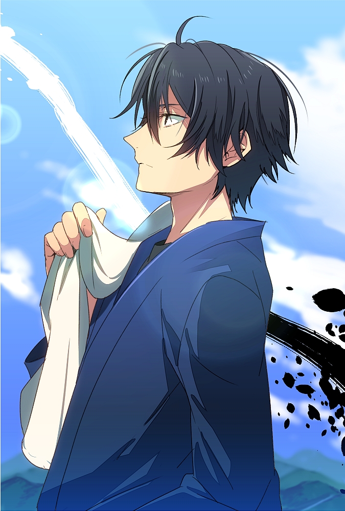 barakamon, black_eyes, black_hair, handa_seishuu, ink, nic_(kevin), sky, towel