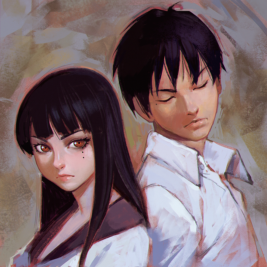 1boy, 1girl, bangs, black_hair, blunt_bangs, closed_eyes, hitsuji_no_uta, ilya_kuvshinov