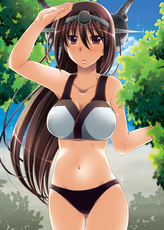 1girl, adapted_costume, alternate_costume, beach, bikini, black_bikini, black_hair, blush, breasts, clouds, collarbone, headgear, kantai_collection, long_hair, looking_at_viewer, mai_(maittingu), nagato_(kantai_collection), ocean, outdoors, red_eyes, sky, solo, swimsuit, very_long_hair