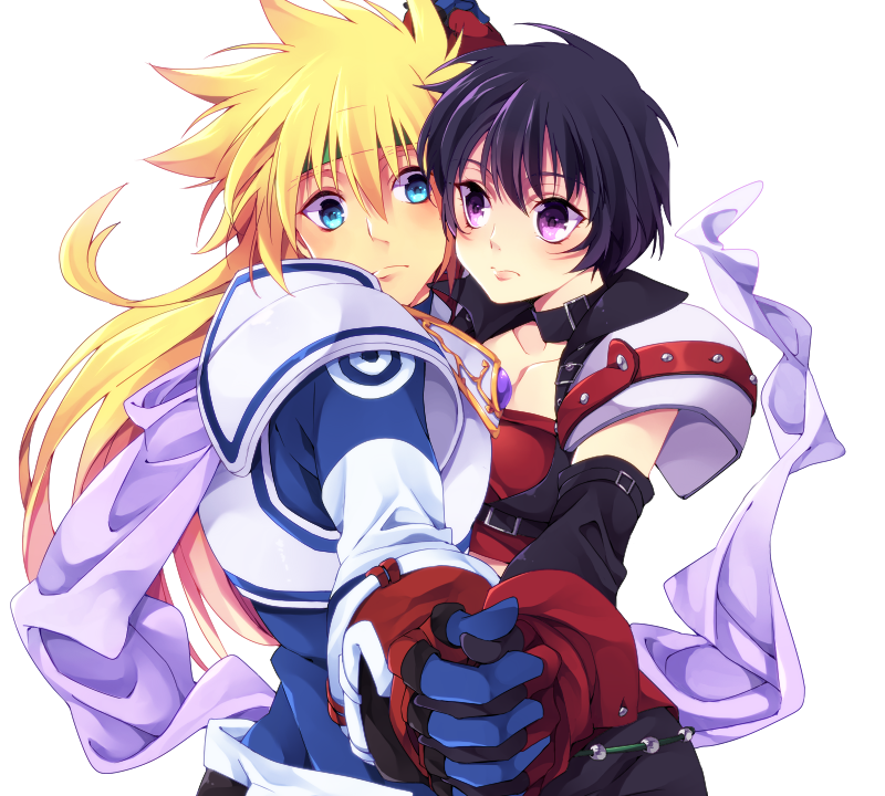 1boy, 1girl, armor, black_hair, blonde_hair, blue_eyes, couple, gloves