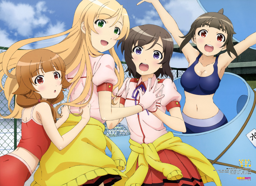 4girls, :d, :o, \o/, absurdres, arms_up, black_hair, blonde_hair