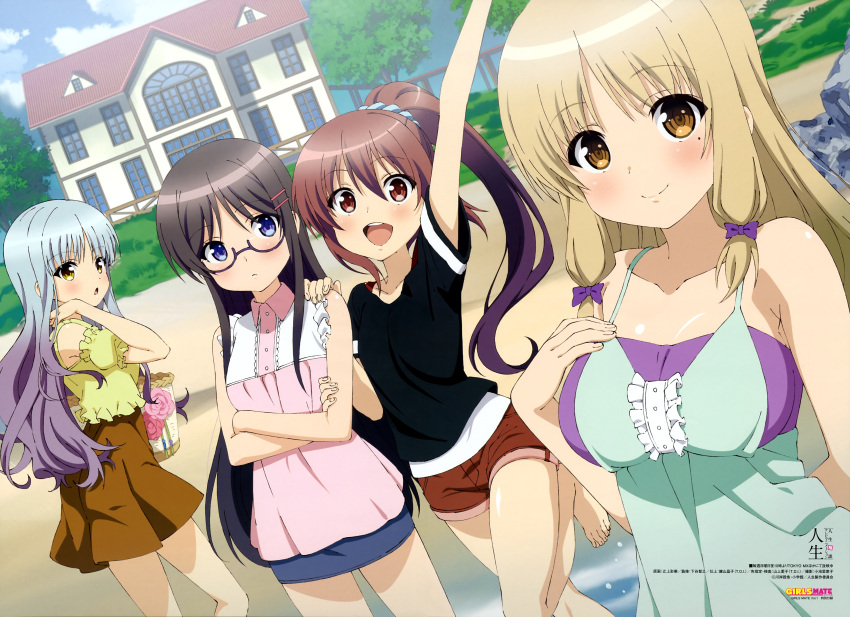 4girls, :d, absurdres, arm_up, barefoot, black_hair, blonde_hair, blue_eyes