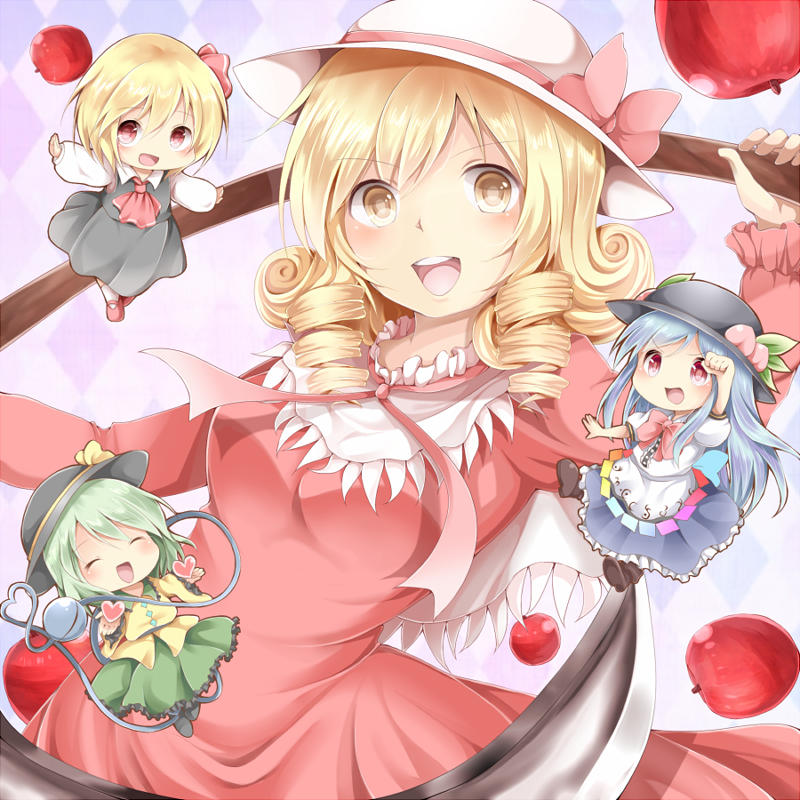 4girls, :d, apple, ascot, blonde_hair, blouse, blue_hair, chibi, chikuwa_savi, d:<, dress, drill_hair, elly, food, frilled_dress, frills, fruit, green_hair, hat, hat_ribbon, hinanawi_tenshi, komeiji_koishi, long_hair, multiple_girls, open_mouth, outstretched_arms, red_eyes, ribbon, rumia, scythe, short_hair, skirt, smile, spread_arms, third_eye, touhou, touhou_(pc-98), vest, yellow_eyes