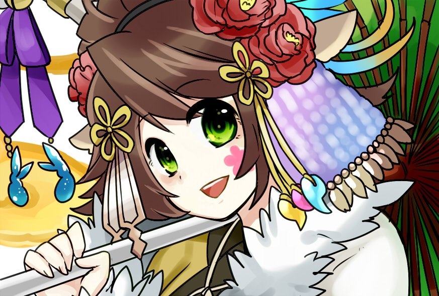 1girl, :d, animal_ears, antlers, blush, brown_hair, bust, coat