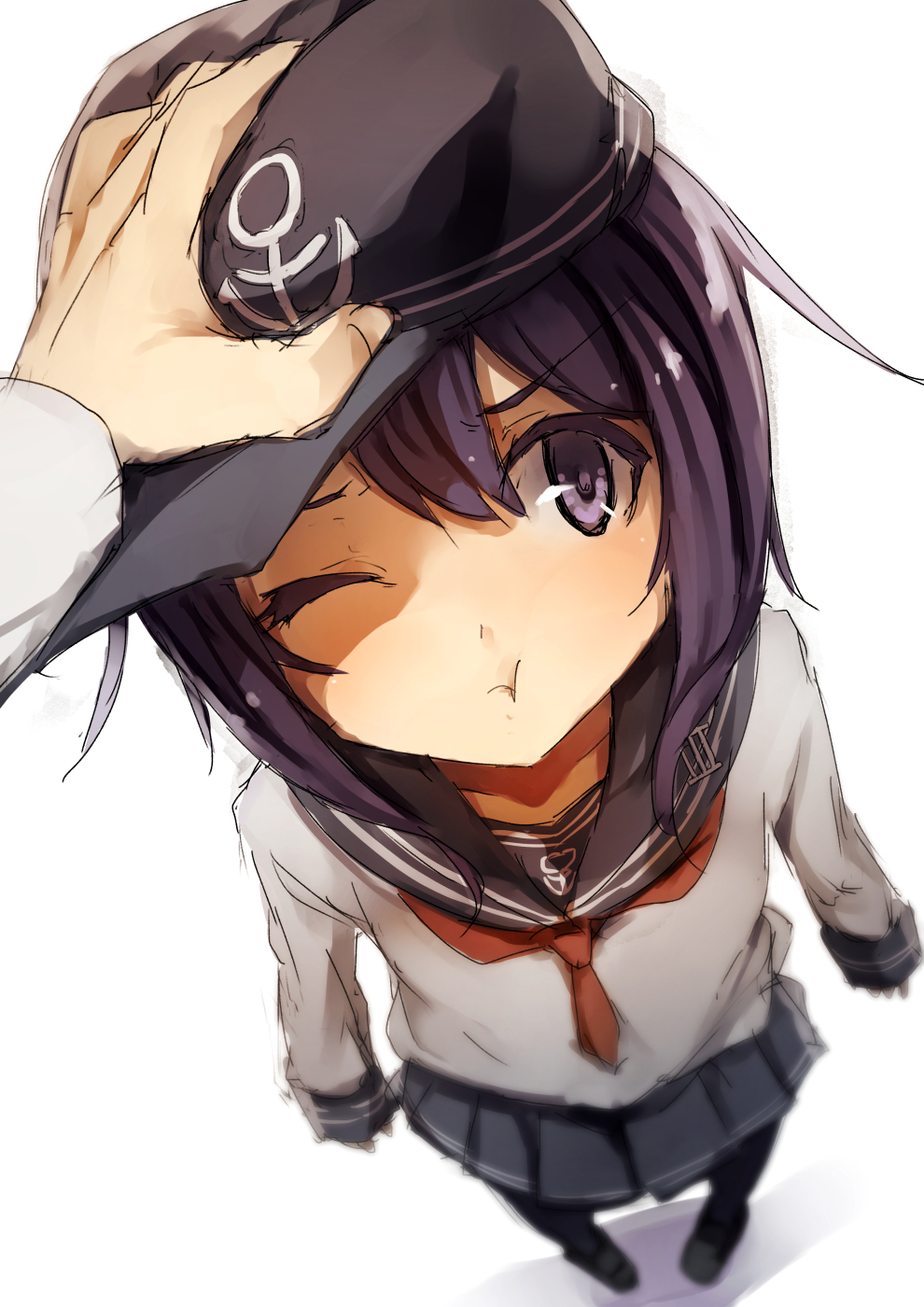 1girl, :t, akatsuki_(kantai_collection), anchor_symbol, black_legwear, foreshortening, hand_on_another's_head, hat