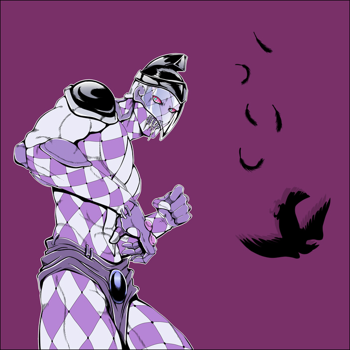 1boy, bird, crow, feathers, jojo_no_kimyou_na_bouken, mask, purple_haze_(stand), shiemasu