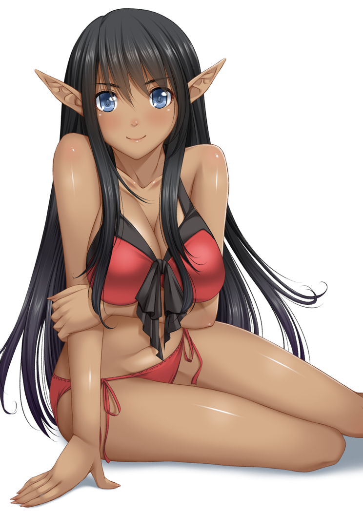1girl, arm_support, bare_shoulders, bikini, blue_eyes, breasts, chiro, collarbone