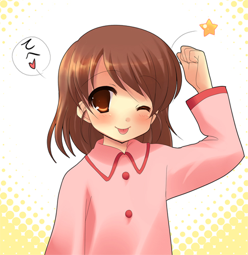 1girl, ;p, brown_hair, dojikko_pose, heart, kyon_no_imouto, one_eye_closed, short_hair