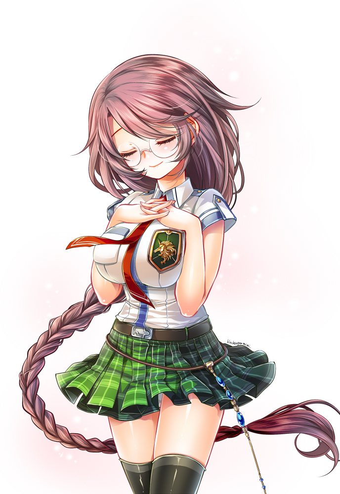 1girl, badge, black_legwear, braid, breasts, brown_hair, closed_eyes, eiyuu_densetsu