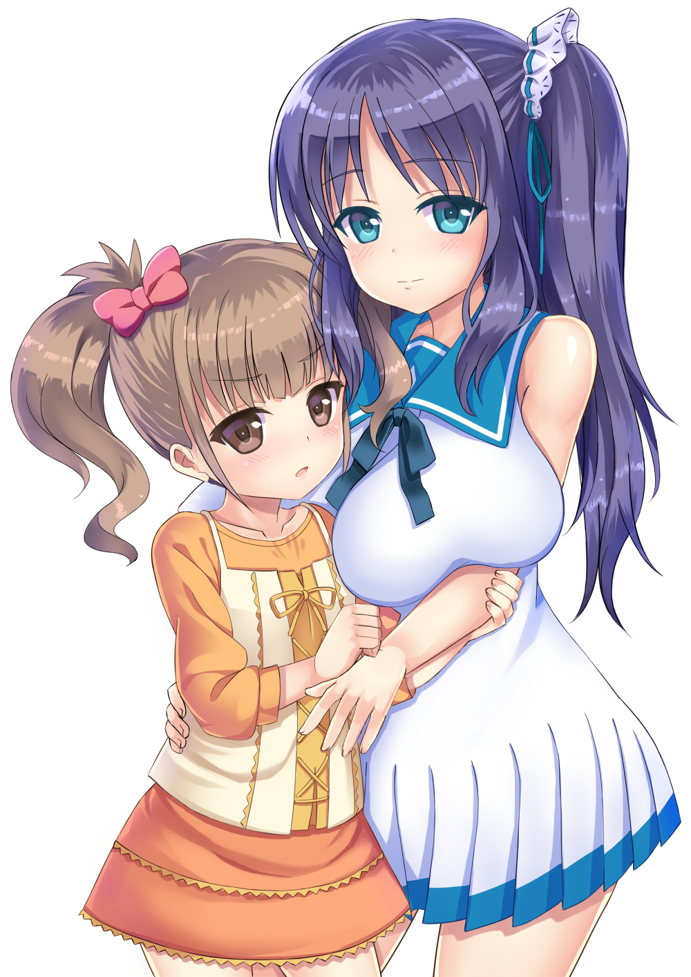 2girls, blue_eyes, blush, breasts, brown_eyes, brown_hair, highres, hiradaira_chisaki, hisanuma_sayu, long_hair, multiple_girls, nagi_no_asukara, ozu_yugurou, purple_hair, sailor_dress, school_uniform, serafuku, side_ponytail, smile, twintails