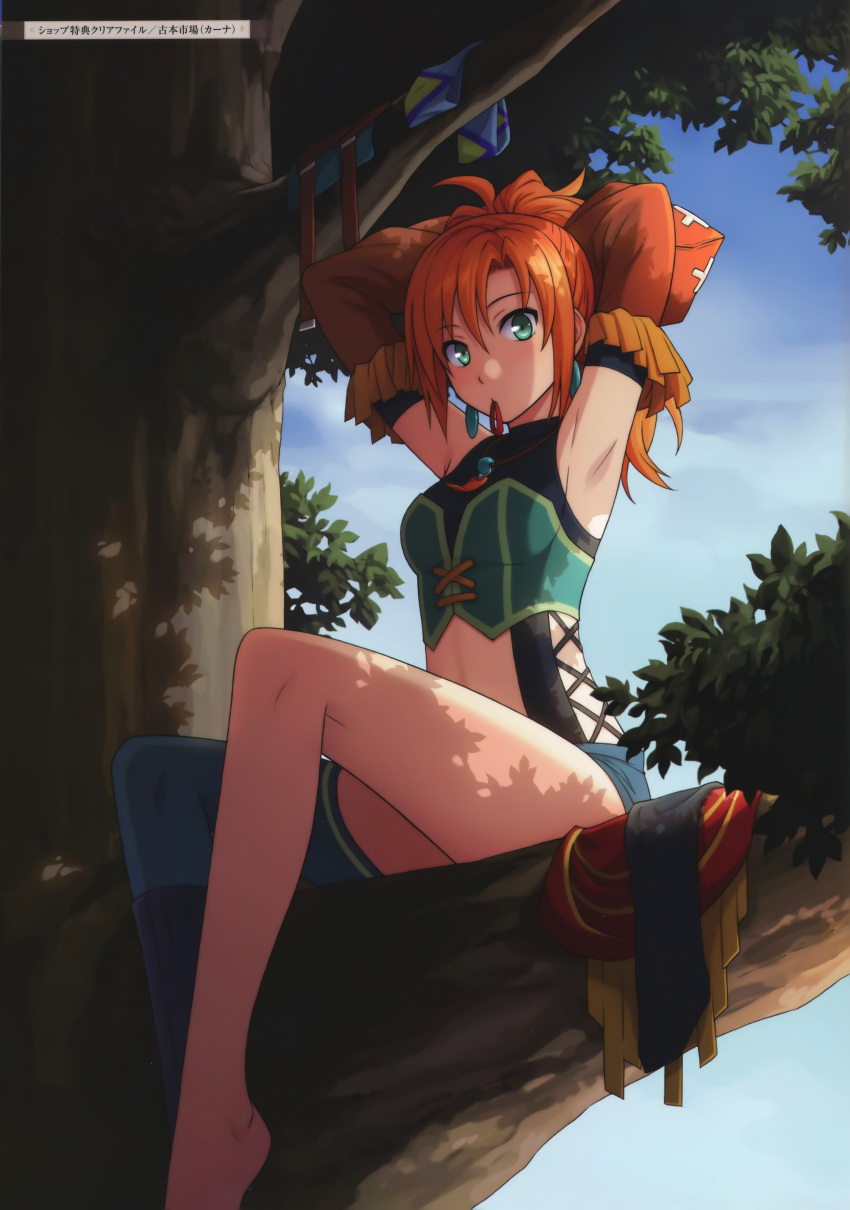 1girl, absurdres, adjusting_hair, armpits, artist_request, barefoot, dappled_sunlight, detached_sleeves, earrings, green_eyes, highres, in_tree, jewelry, karna_(ys), looking_at_viewer, mouth_hold, necklace, official_art, orange_hair, ponytail, scan, single_thighhigh, sitting, sitting_in_tree, thigh-highs, tree, ys, ys:_celceta_no_jukai