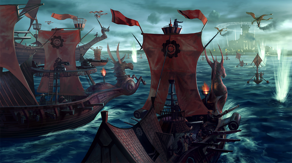 airship, akatsuhara_empire, army, battle, battleship, boat, cannon, castle, dragon, fantasy, flag, flying, gun, magic_circle, military, noba, ocean, pixiv, pixiv_fantasia, pixiv_fantasia_3, scenery, ship, sky, war, water, water_battle, weapon