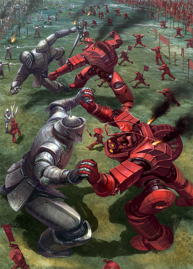 armor, army, banner, battle, fire, flag, giant, gigandal_federation, gun, knight, lightning, mecha, nagashima_(pixiv_fantasia), noba, pixiv, pixiv_fantasia, pixiv_fantasia_3, punching, red, smoke, steampunk, sword, war, weapon, wheel