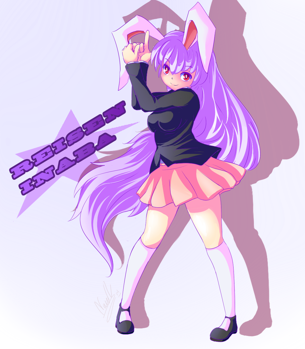 1girl, animal_ears, imperishable_night, long_hair, moon_rabbit, nac0n, purple_hair, rabbit, rabbit_ears, red_eyes, reisen_udongein_inaba, skirt, smile, solo, touhou, very_long_hair