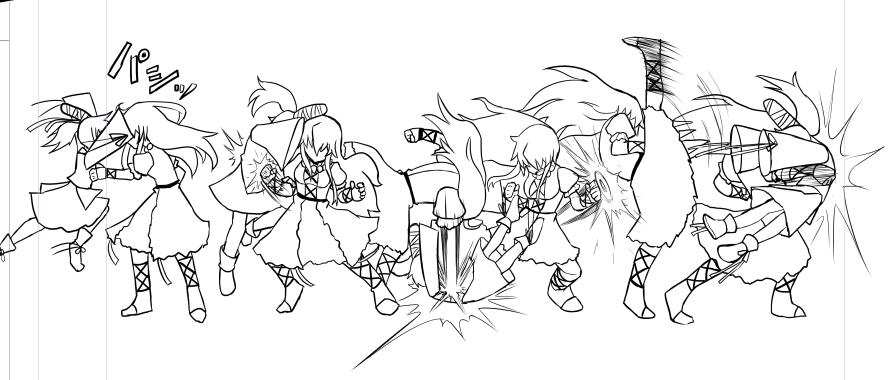 2girls, azrael_(blazblue), backhand, blazblue, boots, bracer, combo, dress