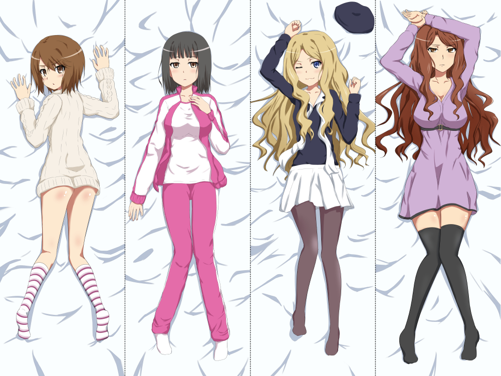 4girls, aran_sweater, beret, black_hair, black_legwear, blonde_hair, blue_eyes, brown_eyes