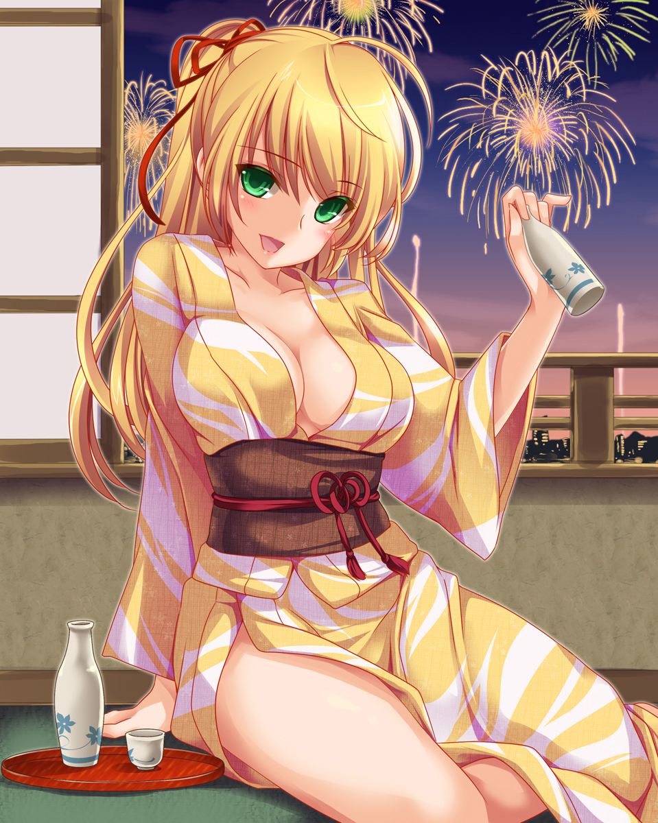 1girl, alcohol, blonde_hair, blush, breasts, choko_(cup), cleavage, fireworks