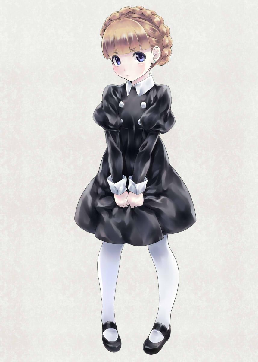 1girl, aldnoah.zero, blush, braid, brown_hair, dress, dress_tug, eddelrittuo