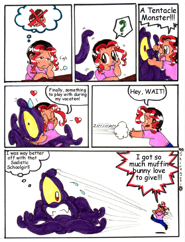 black_hair, brown_eyes, chibi, comic, funny, heart, highlights, hug, scared, sweat, tentacle_monster, tentacles, what