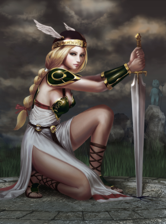 ankle_lace-up, armor, armored_dress, blonde_hair, braid, breasts, cross-laced_footwear, feet, green_eyes, head_wings, headwings, helmet, kneeling, krino_sandra, noba, polearm, sideboob, sword, trident, valkyrie, valkyrie_(vnd), valkyrie_no_bouken, valkyrie_no_densetsu, weapon, winged_helmet