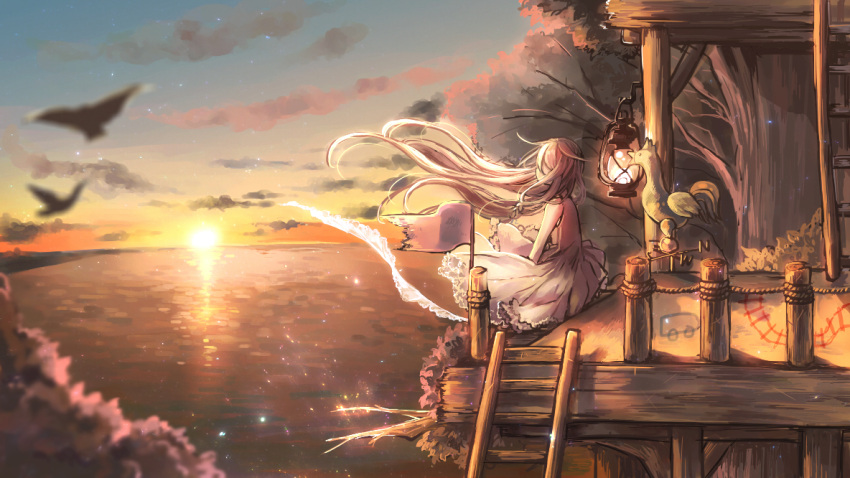1girl, bird, blonde_hair, clouds, dress, fence, flag, hibarisann, horizon, ia_(vocaloid), ladder, lamp, long_hair, ocean, sitting, sky, sunset, tree, very_long_hair, vocaloid, weather_vane