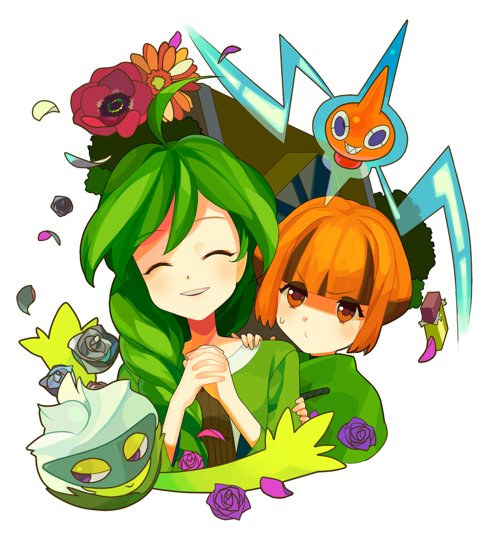 2girls, closed_eyes, flower, green_hair, gym_leader, hair_over_shoulder, momi_(pokemon), multiple_girls