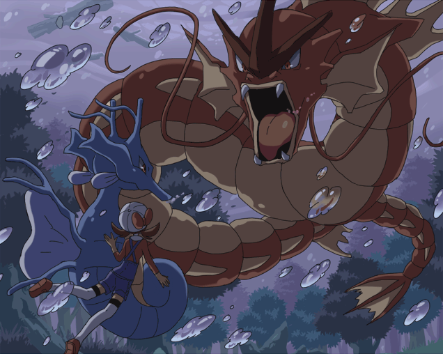 alternate_color, battle, brown_hair, bubble, debris, dragon, flood, forest, gyarados, hat, hat_ribbon, kingdra, kotone_(pokemon), nature, nintendo, overalls, pokemon, pokemon_(creature), pokemon_(game), pokemon_gsc, pokemon_heartgold_and_soulsilver, red_eyes, red_ribbon, ribbon, scales, sen_pic, shiny_pokemon, swimming, tree, underwater, water, water_battle, white_legwear