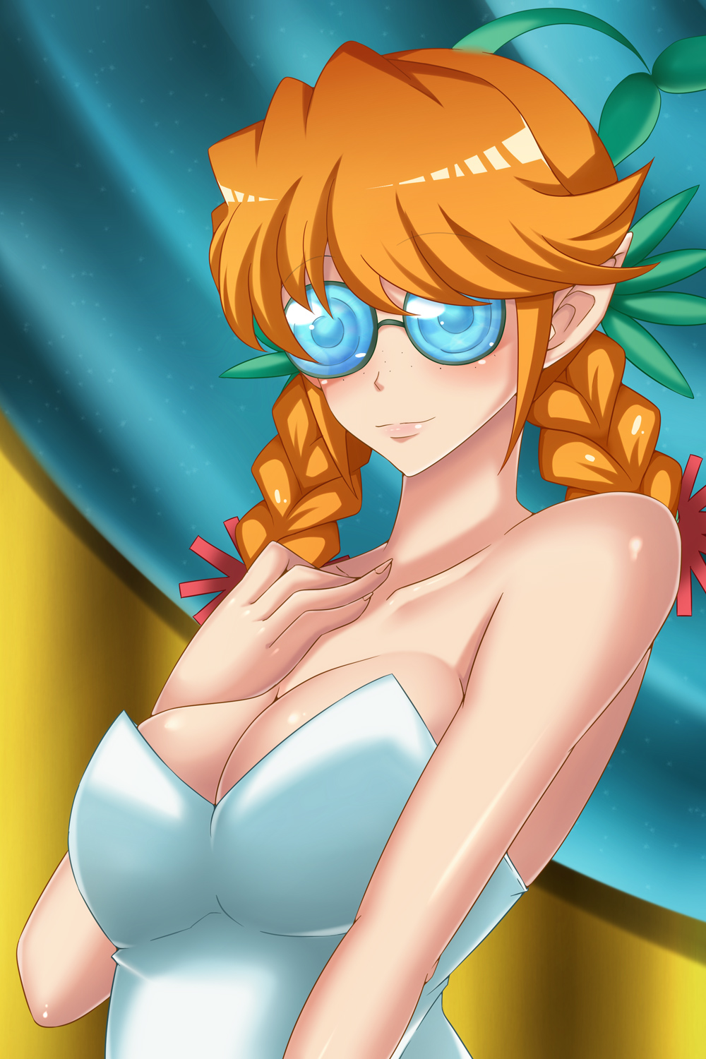 1girl, bare_shoulders, braid, breasts, cleavage, coke-bottle_glasses, dress, freckles