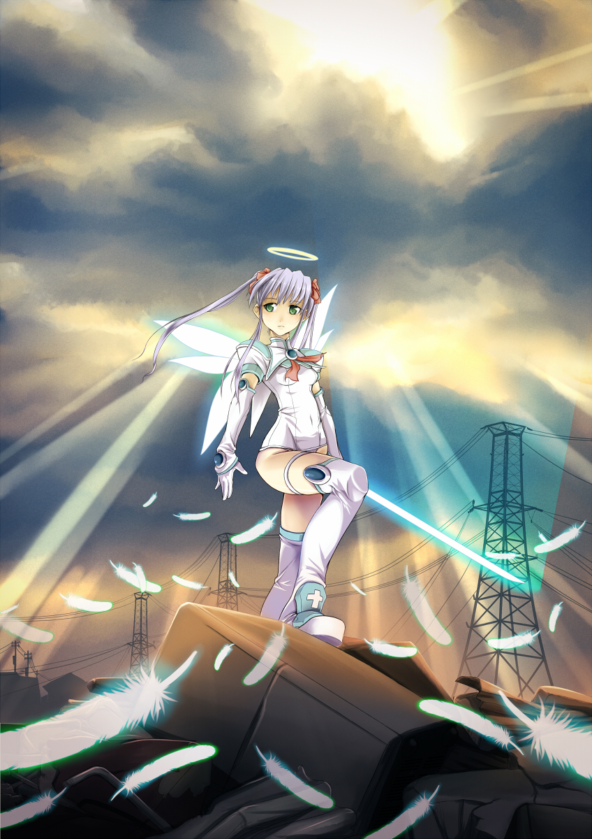 elbow_gloves, feathers, gloves, green_eyes, halo, highres, jibril_aries, legs