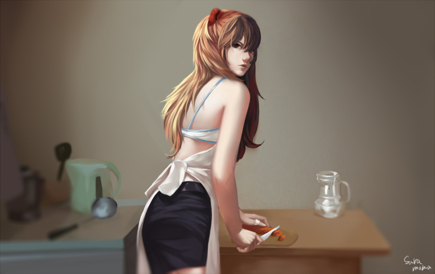 1girl, alternate_eye_color, apron, bandaid, carrot, cooking, cutting_board, highres