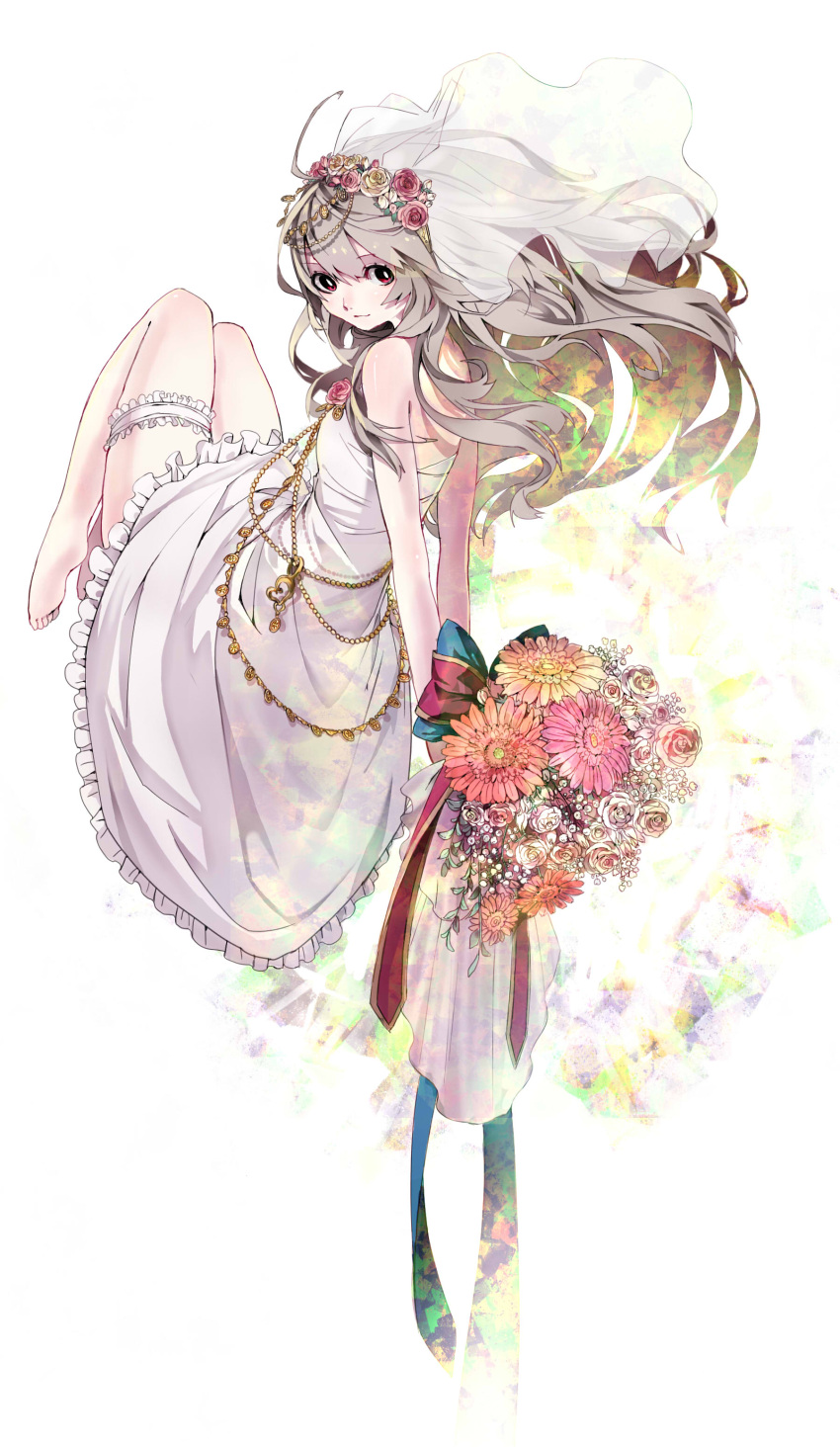 1girl, absurdres, arms_behind_back, bare_legs, bare_shoulders, barefoot, bouquet, bridal_veil, bride, dress, flower, from_behind, hair_ornament, highres, long_hair, looking_at_viewer, looking_back, original, red_eyes, shiguma_(sigmasmail), silver_hair, smile, solo, thigh_strap, veil, wedding_dress, white_dress