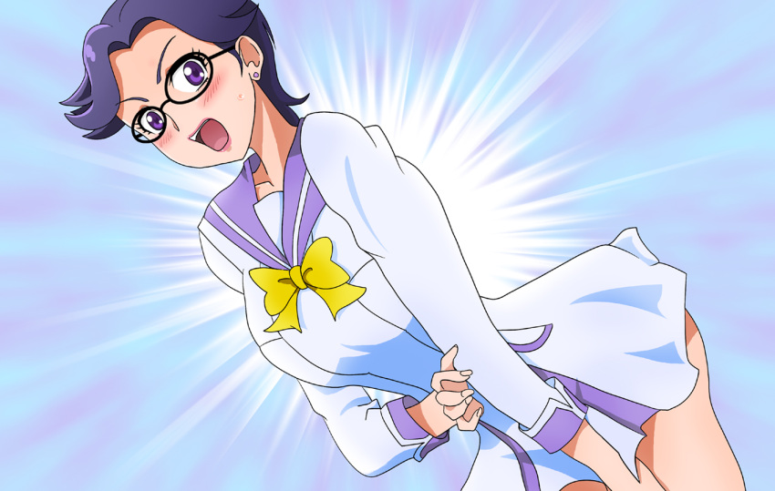 1girl, blush, bow, davi_(dokidoki!_precure), db_(dokidoki!_precure), dokidoki!_precure, dress, dutch_angle, earrings, glasses, jewelry, looking_at_viewer, open_mouth, pcwr_etchy, precure, purple_hair, sailor_collar, school_uniform, solo, violet_eyes