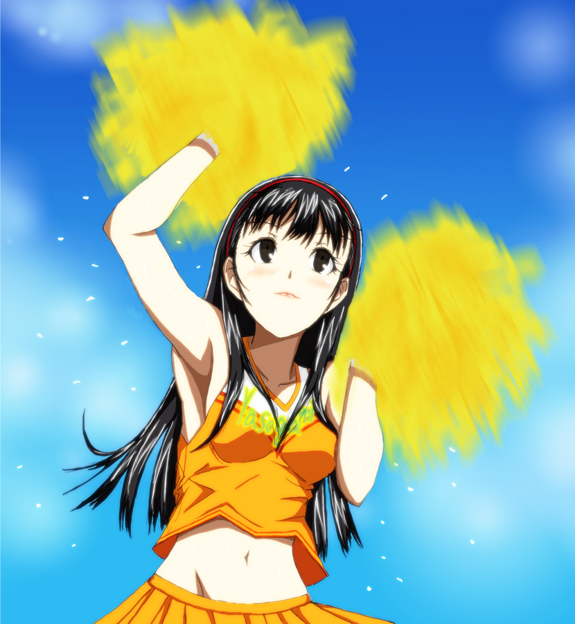 1girl, amagi_yukiko, black_eyes, black_hair, blue_background, cheerleader, hairband, kouchin, long_hair, motion_blur, navel, persona, persona_4, pom_poms, solo